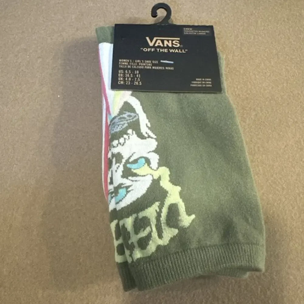 Vans Ticker Socks Crew Skull Print Olivine 1 Pair Womens Size 6.5-10 Nylon